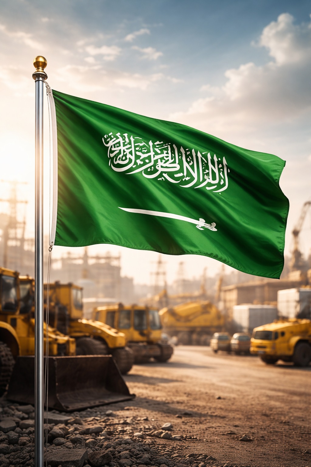 Saudi Flag and Industrial Scene